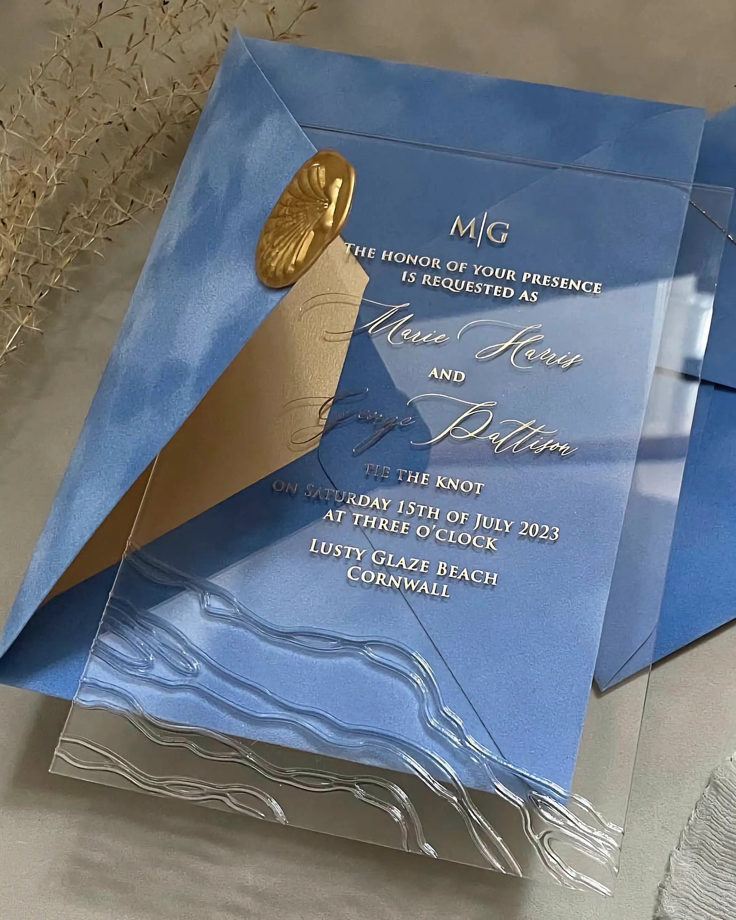 Seawaves Acrylic Wedding Invitation on Amalfi blue envelope with gold foil script and shell wax seal — Polina Perri