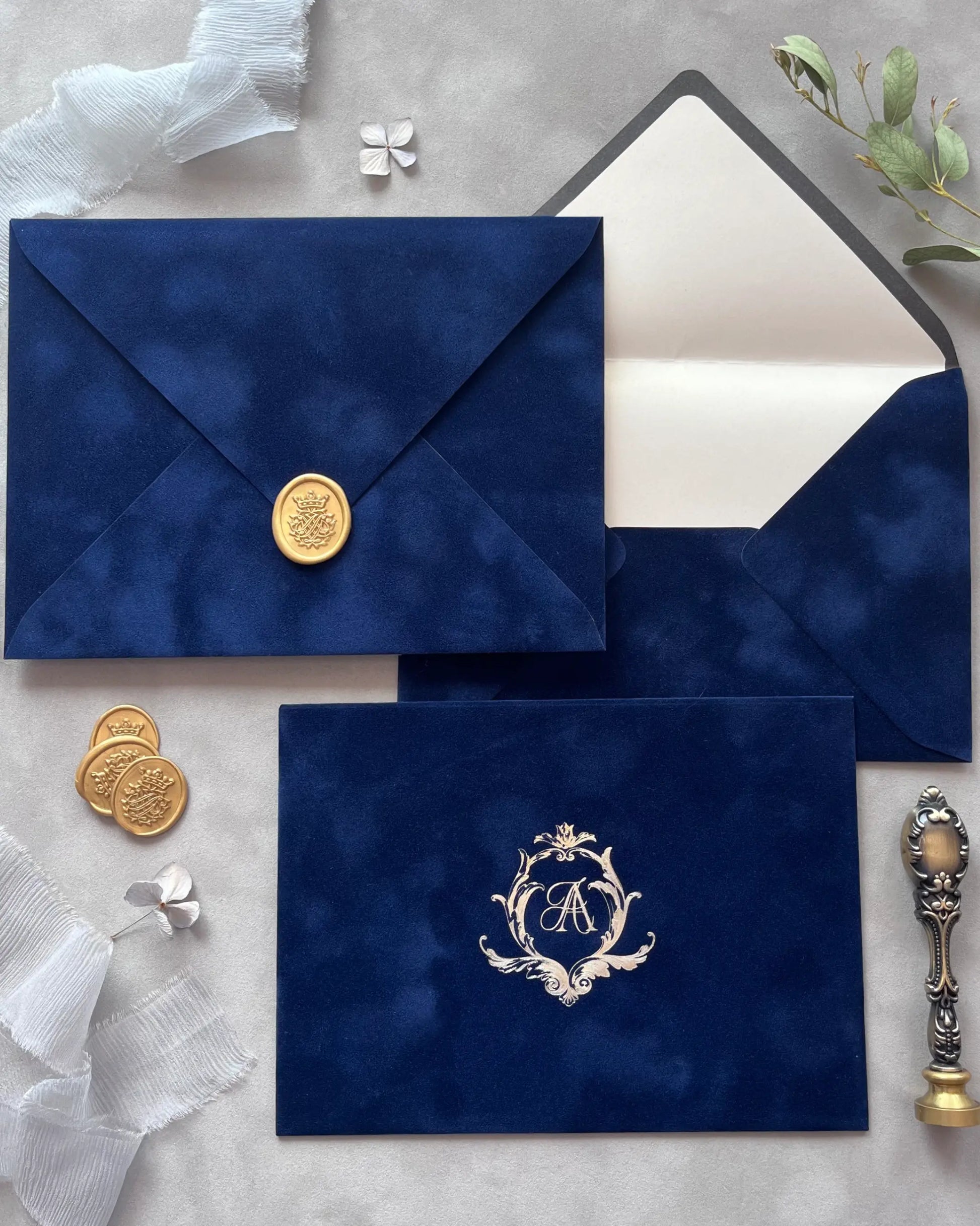 Navy Blue Velvet Wedding Envelopes with gold wax seal, white liner and silver foil monogram crest — Polina Perri