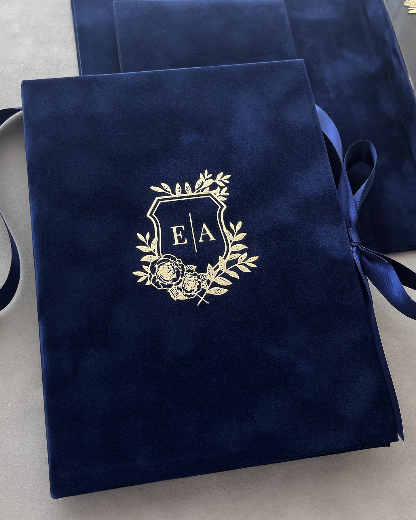Dundas Castle Navy Blue Velvet Box cover with gold foil floral monogram crest — Polina Perri