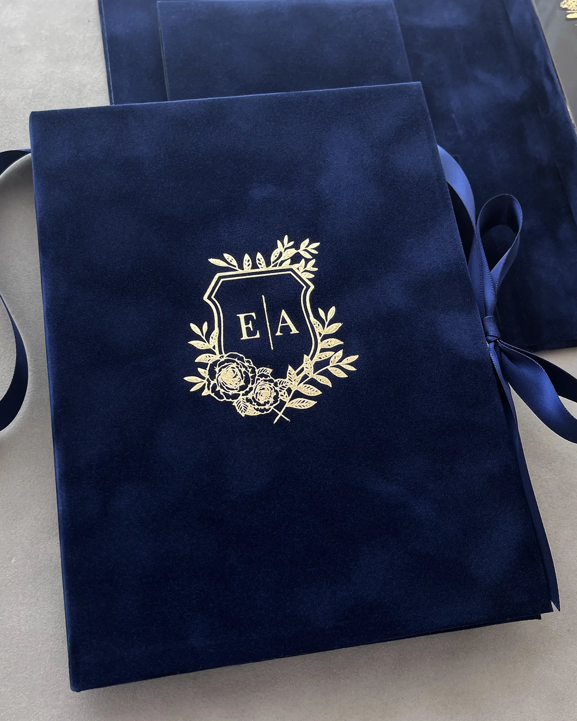 Dundas Castle Navy Blue Velvet Box cover with gold foil floral monogram crest — Polina Perri