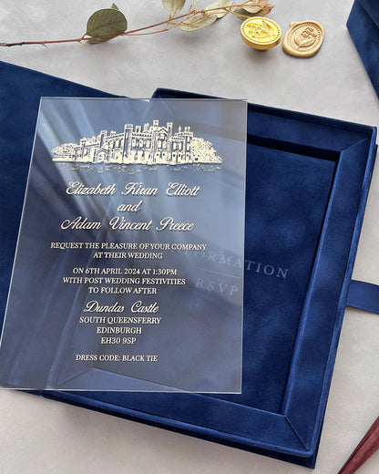 Dundas Castle Navy Blue Velvet Box open with clear acrylic wedding invitation inside — Polina Perri