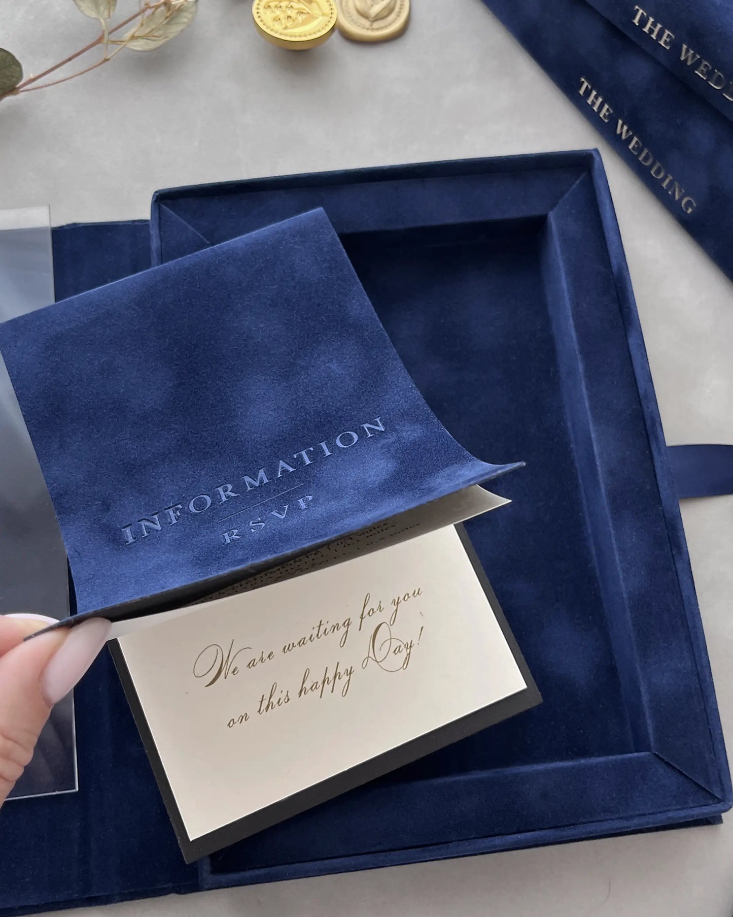 Dundas Castle Navy Blue Velvet Box open showing information booklet and acrylic invitation — Polina Perri