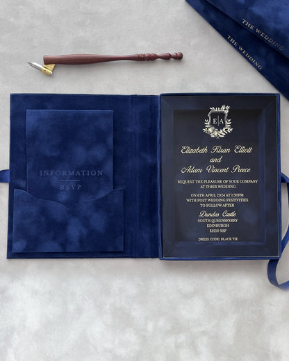 Dundas Castle Navy Blue Velvet Boxed invitation flat lay with acrylic insert and velvet information pocket — Polina Perri