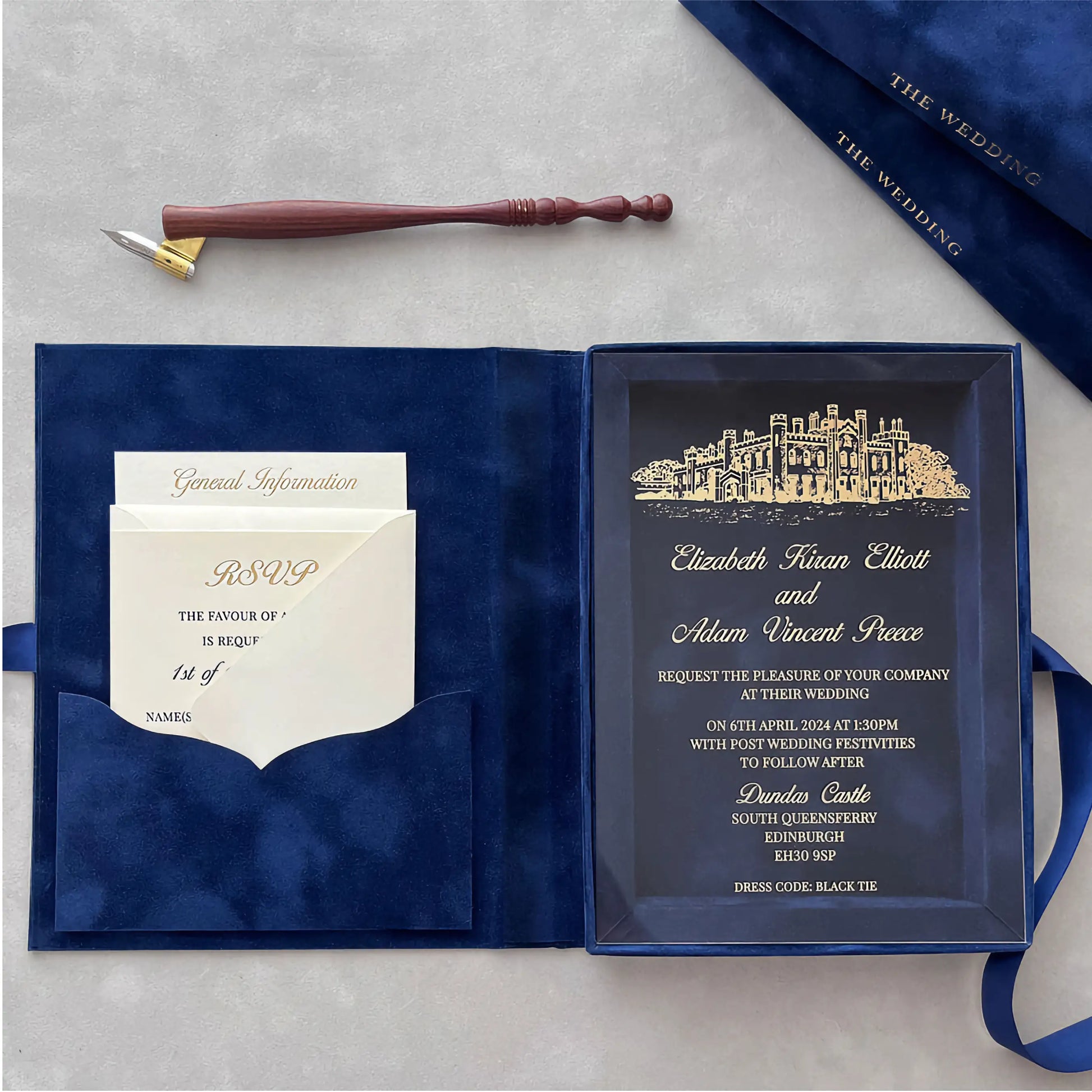 Dundas Castle Navy Blue Velvet Boxed invitation open with gold venue illustration acrylic insert — Polina Perri