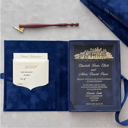 Dundas Castle Navy Blue Velvet Boxed invitation open with gold venue illustration acrylic insert — Polina Perri