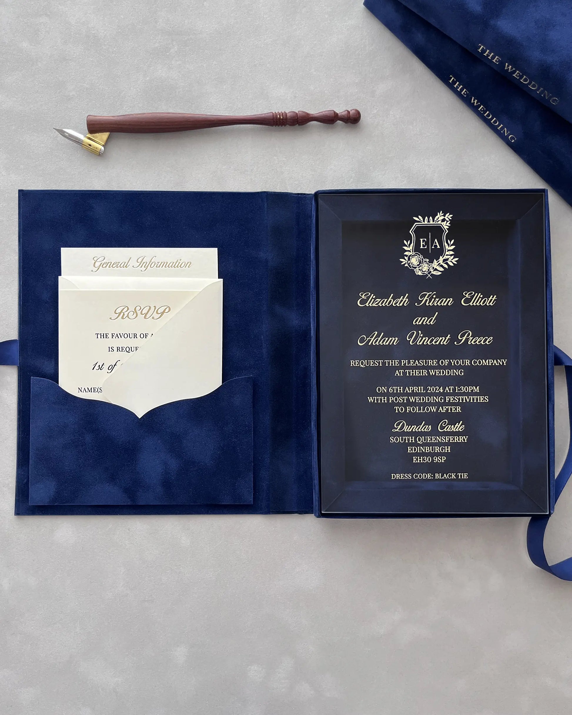Dundas Castle Navy Blue Velvet Boxed invitation open with acrylic insert and RSVP booklet — Polina Perri