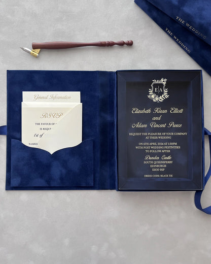 Dundas Castle Navy Blue Velvet Boxed invitation open with acrylic insert and RSVP booklet — Polina Perri