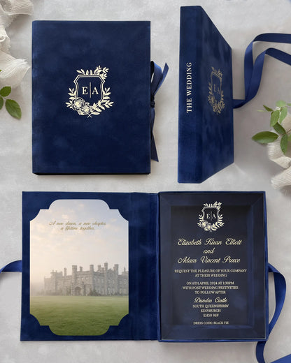 Dundas Castle Navy Blue Velvet Boxed wedding invitation set with acrylic insert and sidelong spine — Polina Perri