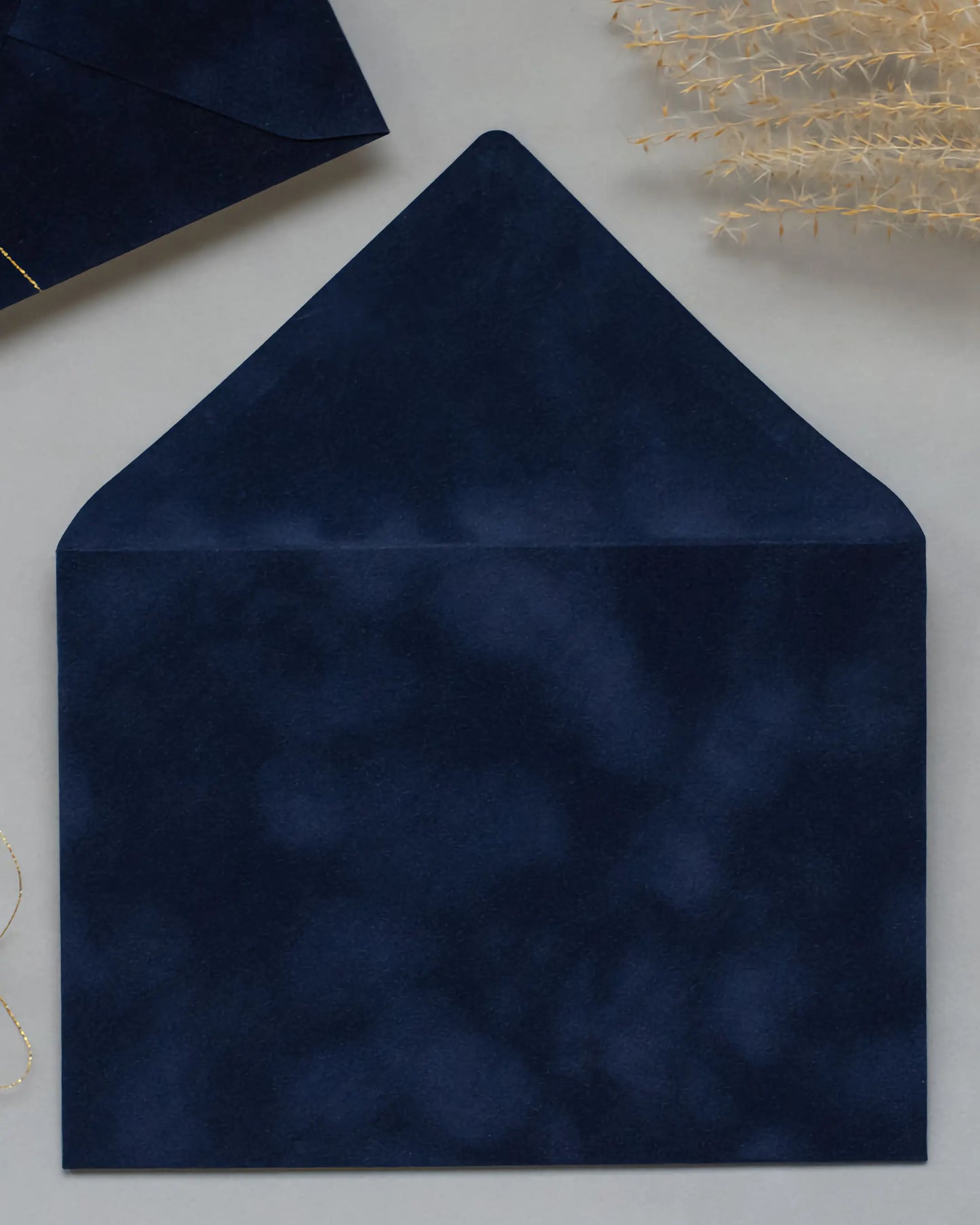 Navy Blue Velvet Wedding Envelope open showing soft velvet texture — Polina Perri