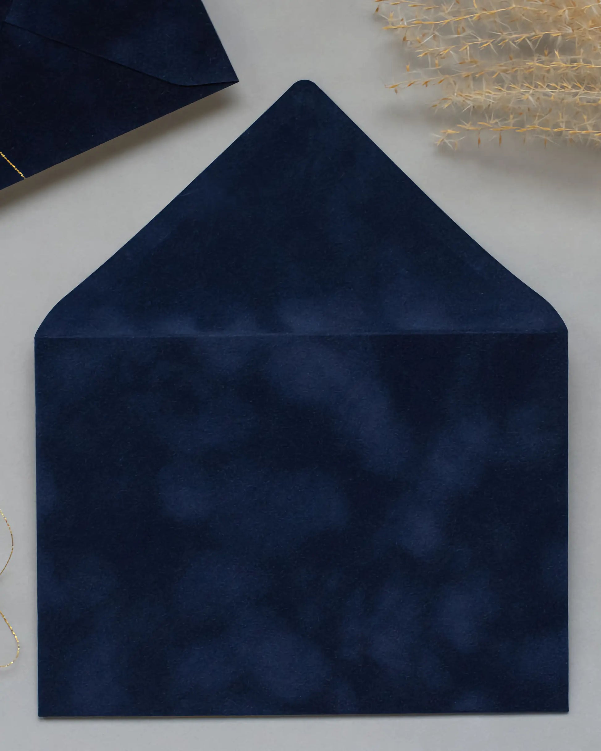 Navy Blue Velvet Wedding Envelope open showing soft velvet texture — Polina Perri