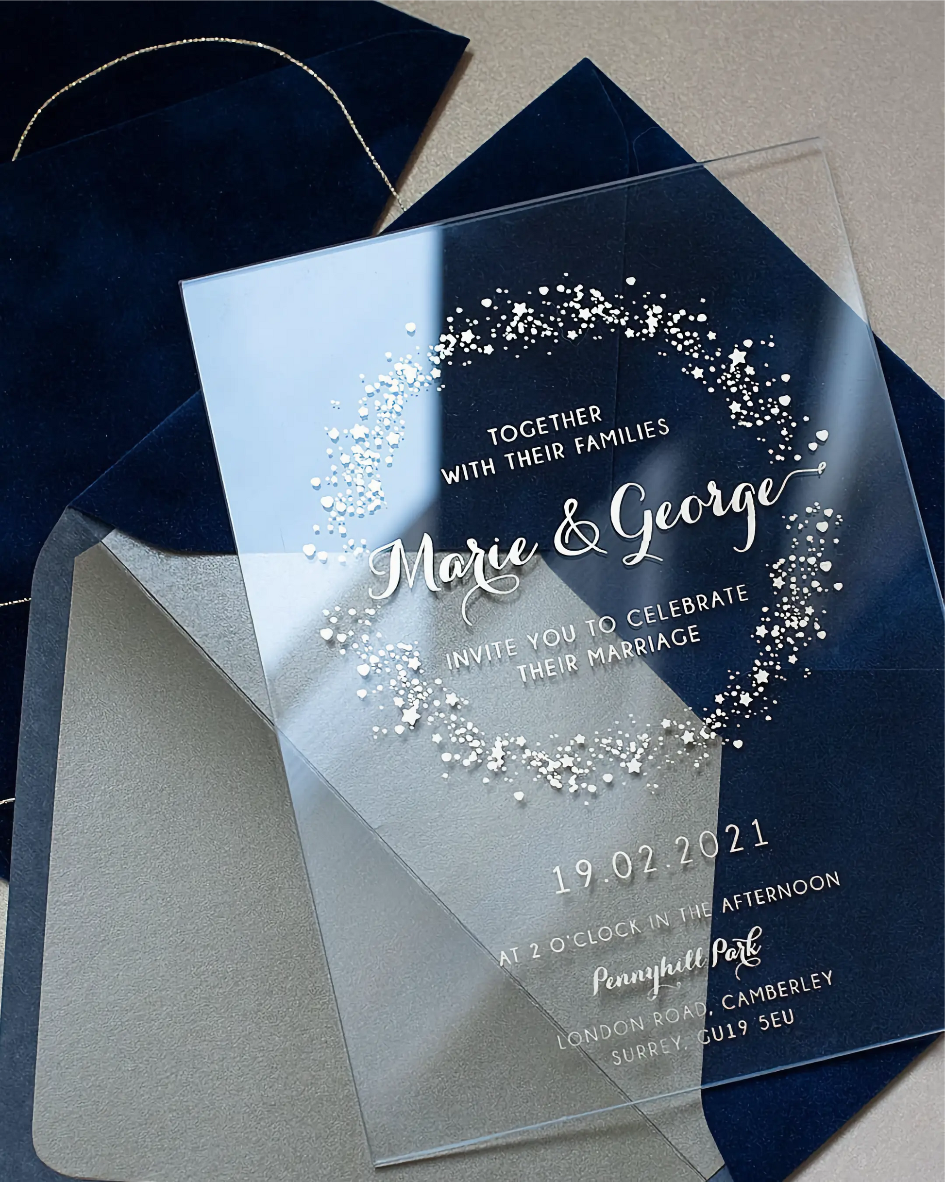 Magic Dust Acrylic clear acrylic wedding invitation with white foil sparkle design and Navy Blue velvet envelope — Polina Perri