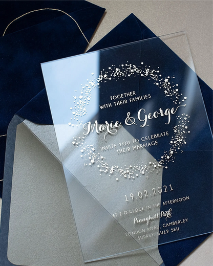 Magic Dust Acrylic clear acrylic wedding invitation with white foil sparkle design and Navy Blue velvet envelope — Polina Perri