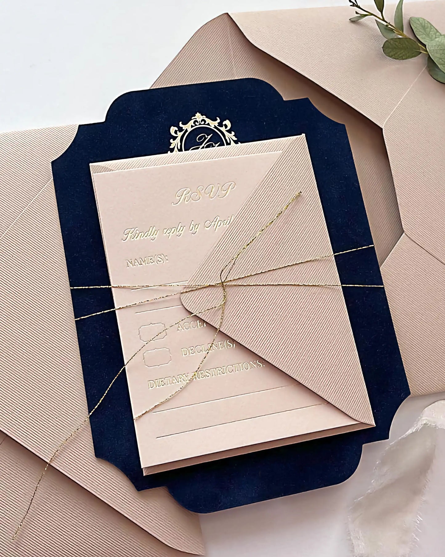 Navy blue velvet wedding invitation suite with a blush pink textured RSVP card layered on top and secured with a fine gold cord — Polina Perri