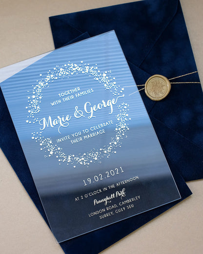 Magic Dust Acrylic wedding invitation with white foil sparkle pattern and Navy Blue velvet envelope with gold wax seal — Polina Perri