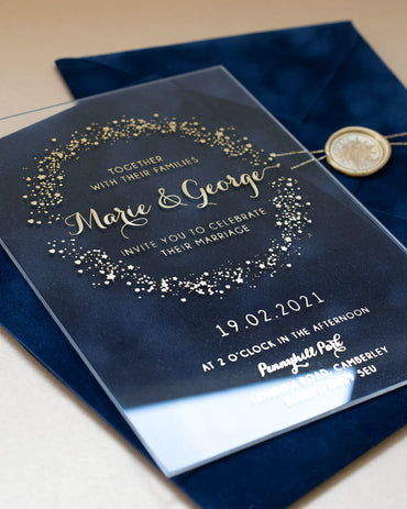 Magic Dust Acrylic wedding invitation with gold foil dust pattern on Navy Blue velvet envelope — Polina Perri