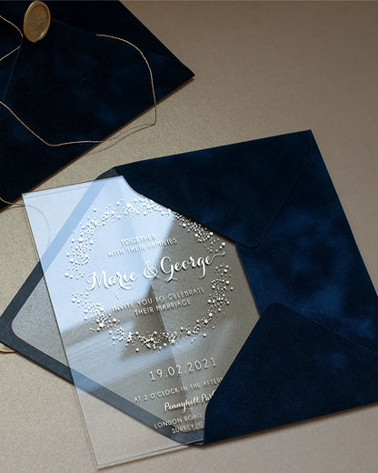 Magic Dust Acrylic wedding invitation with white foil dust pattern on Navy Blue velvet envelope flat lay — Polina Perri