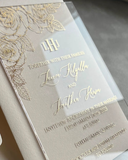 Roses Acrylic wedding invitation close-up with gold foil rose corner detail and monogram — Polina Perri