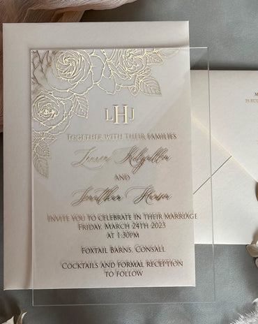 Roses Acrylic wedding invitation with gold foil floral design and script names on clear acrylic — Polina Perri