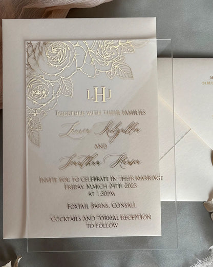 Roses Acrylic wedding invitation with gold foil floral design and script names on clear acrylic — Polina Perri