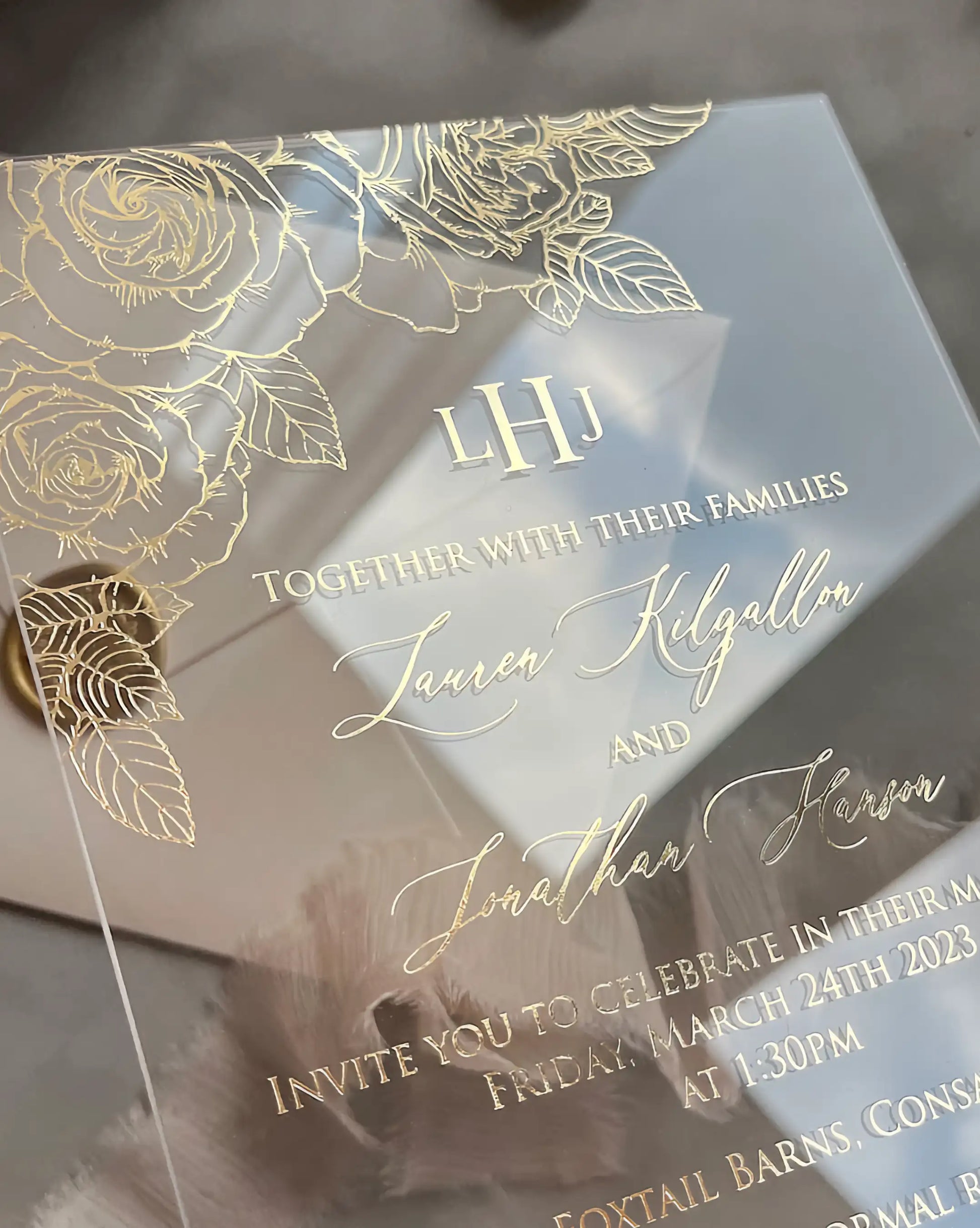 Roses Acrylic clear acrylic wedding invitation with gold foil roses and script lettering — Polina Perri