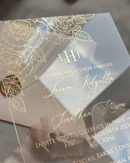 Roses Acrylic clear acrylic wedding invitation with gold foil roses and script lettering — Polina Perri