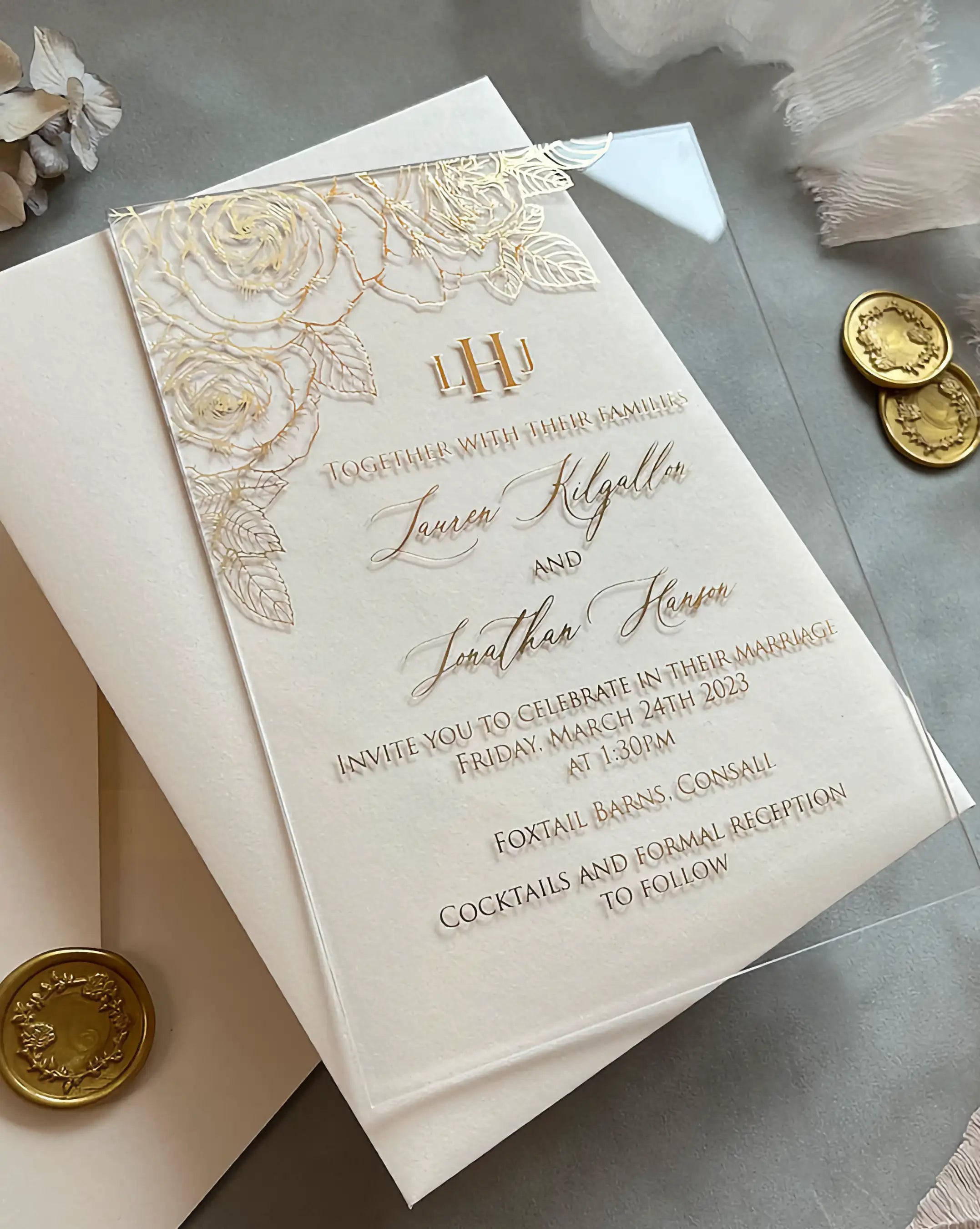 Roses Acrylic wedding invitation with gold foil rose pattern and monogram on clear acrylic — Polina Perri