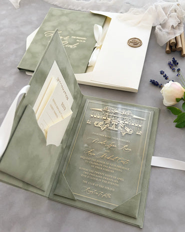 Fiori Folio Sage Green velvet folio open with gold foil acrylic insert and velvet pocket — Polina Perri