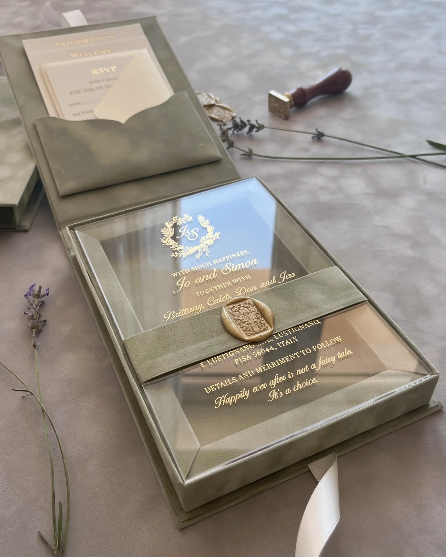 Sage Green Velvet Boxed wedding invitation featuring a luxury clear acrylic card with gold wax seal inside a premium velvet box — Polina Perri