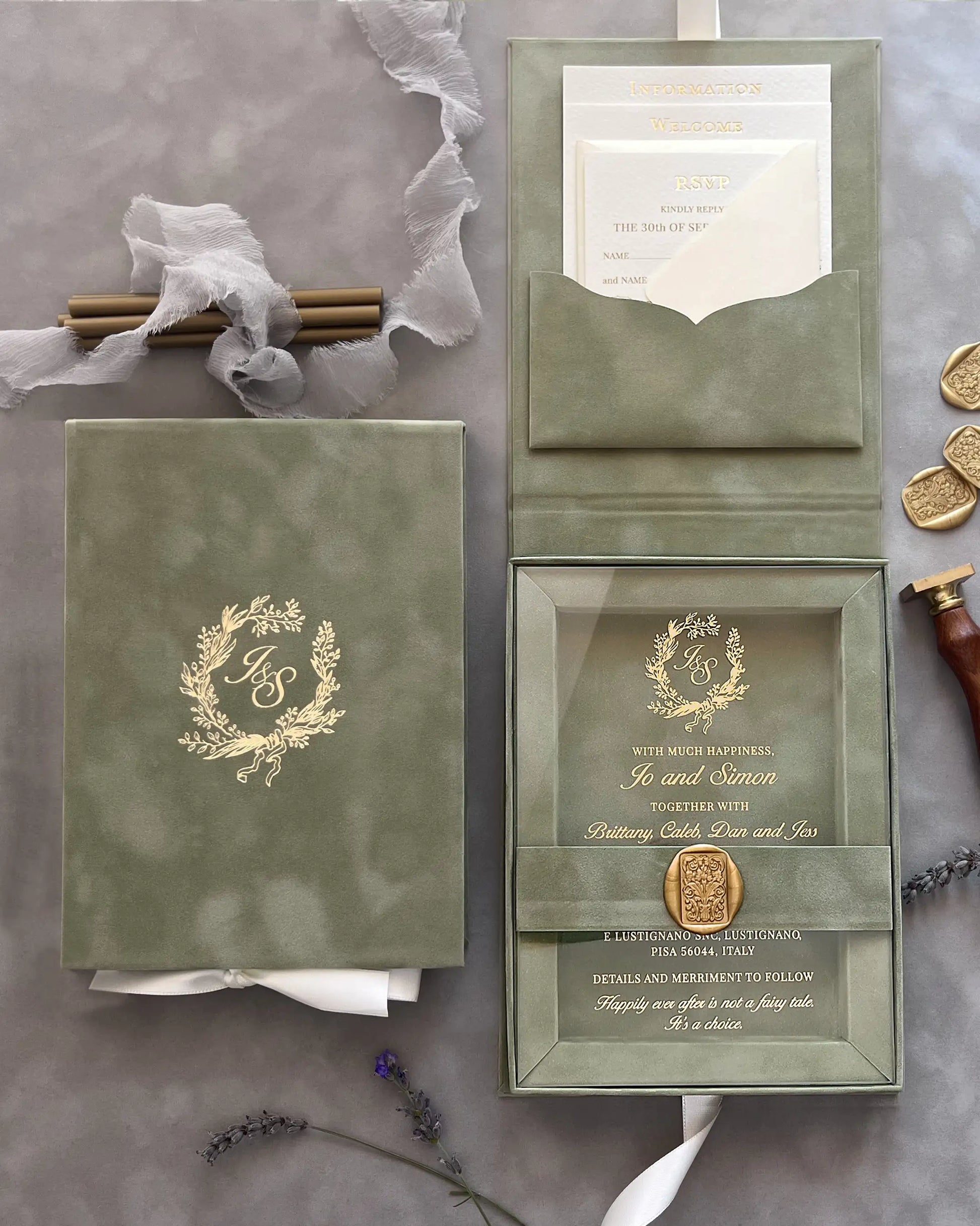 Sage Green Velvet Boxed Wedding Invitations open with clear acrylic insert, matching envelopes, and gold foil monogram detailing on a grey background — Polina Perri