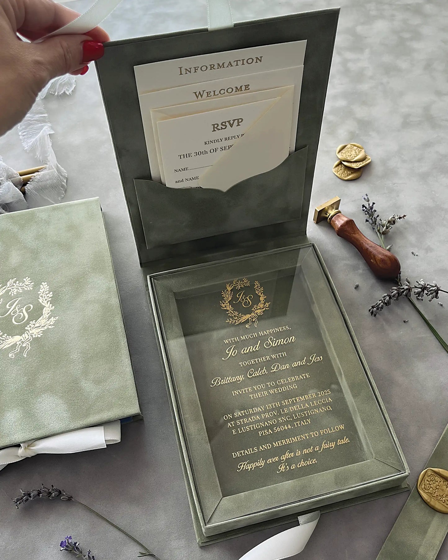 Sage Green Velvet Boxed wedding invitation suite with open presentation box showing custom paper inserts and luxury clear acrylic card — Polina Perri
