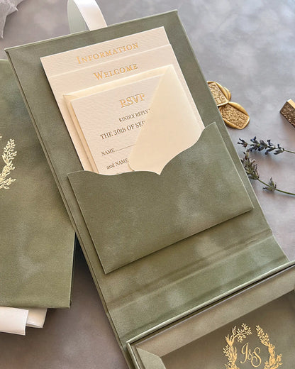 Sage Green Velvet Boxed wedding invitation close up of open lid pocket with textured paper information and RSVP cards — Polina Perri