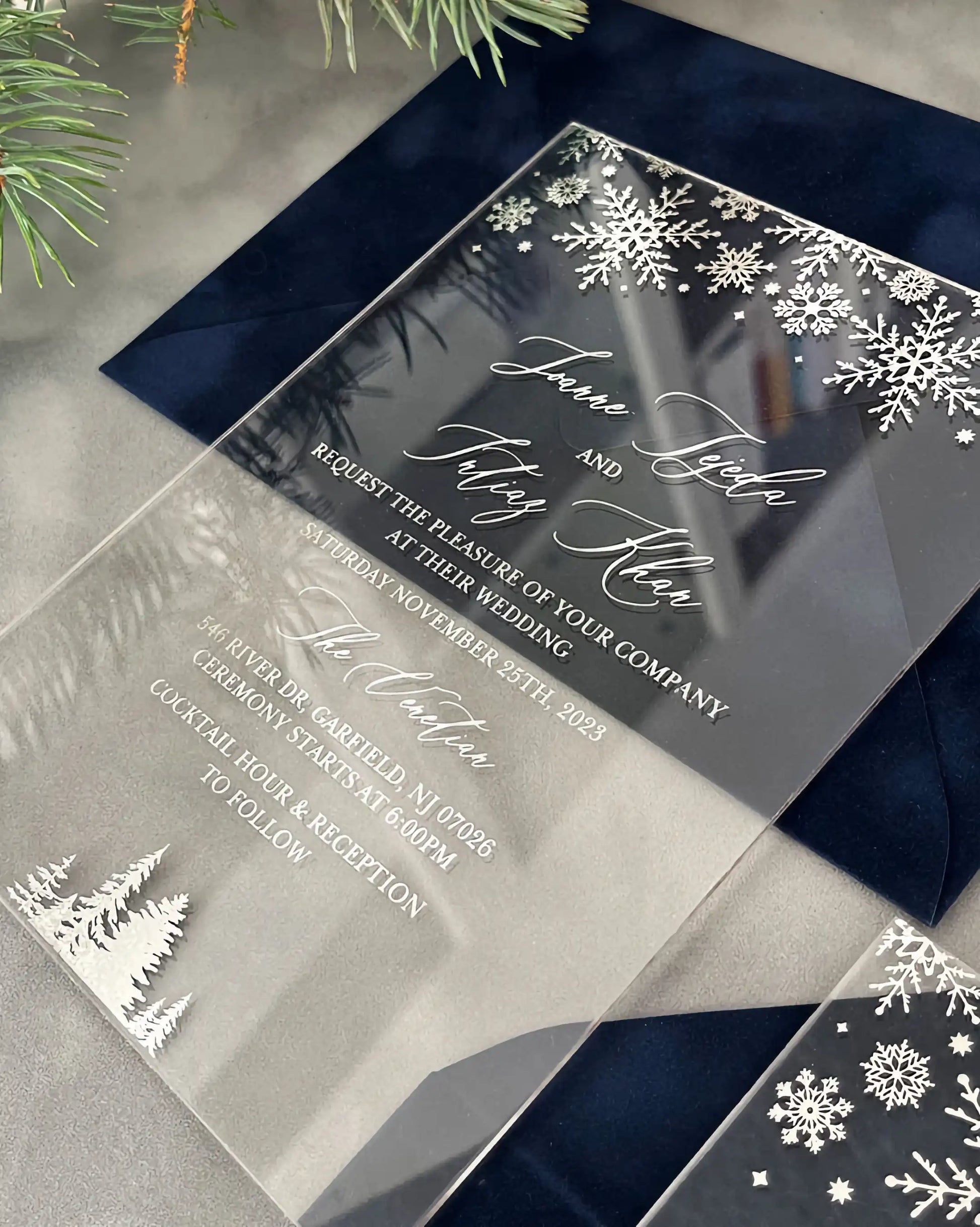 Winter Wonderland Silver Acrylic wedding invitation with silver snowflake pattern on Navy Blue velvet envelope — Polina Perri