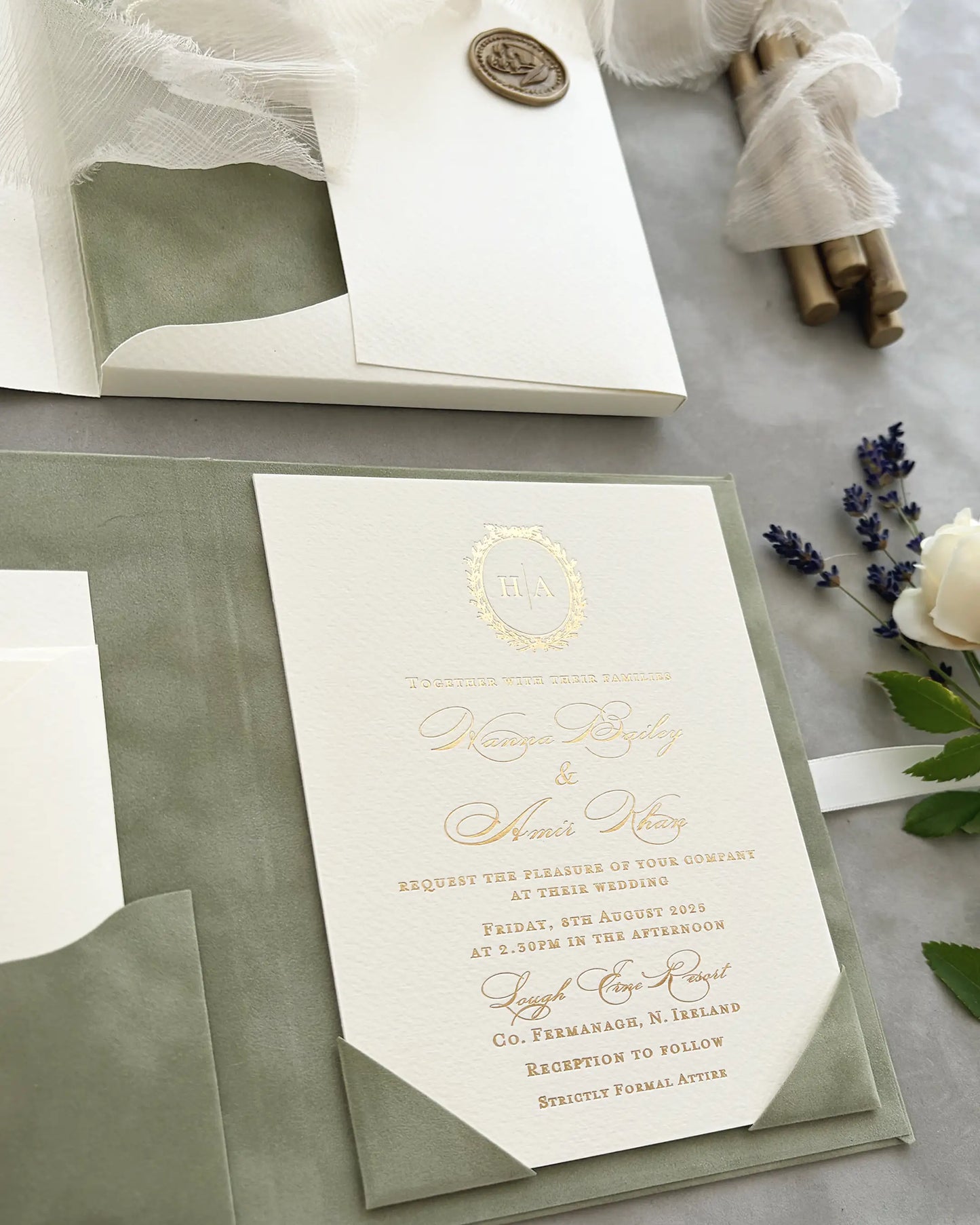 Fiori Folio Sage Green velvet folio with cream insert card, RSVP and wax seal flat lay — Polina Perri