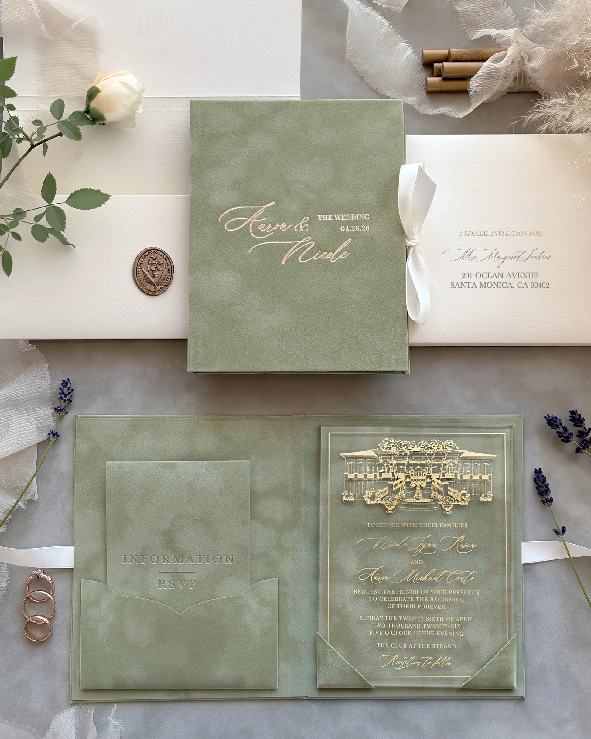 Fiori Folio Sage Green velvet folio wedding invitation with gold foil venue illustration and acrylic insert suite — Polina Perri