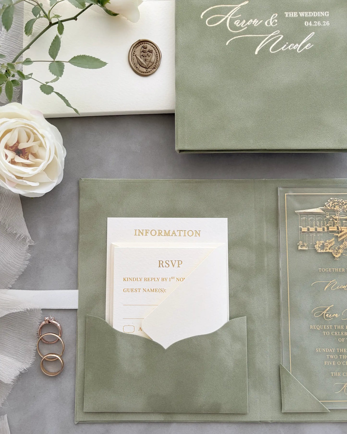 Fiori Folio Sage Green velvet folio wedding invitation suite with RSVP, information card and acrylic insert — Polina Perri