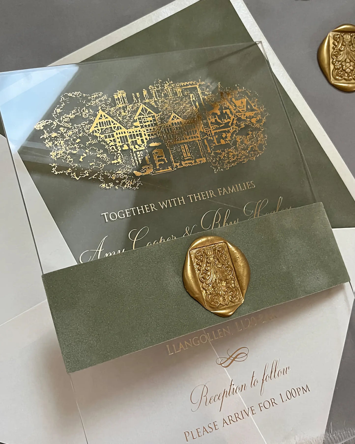 Venue Acrylic and Velvet Liner wedding invitation with gold foil Tyn Dwr Hall illustration and Sage Green velvet envelope — Polina Perri