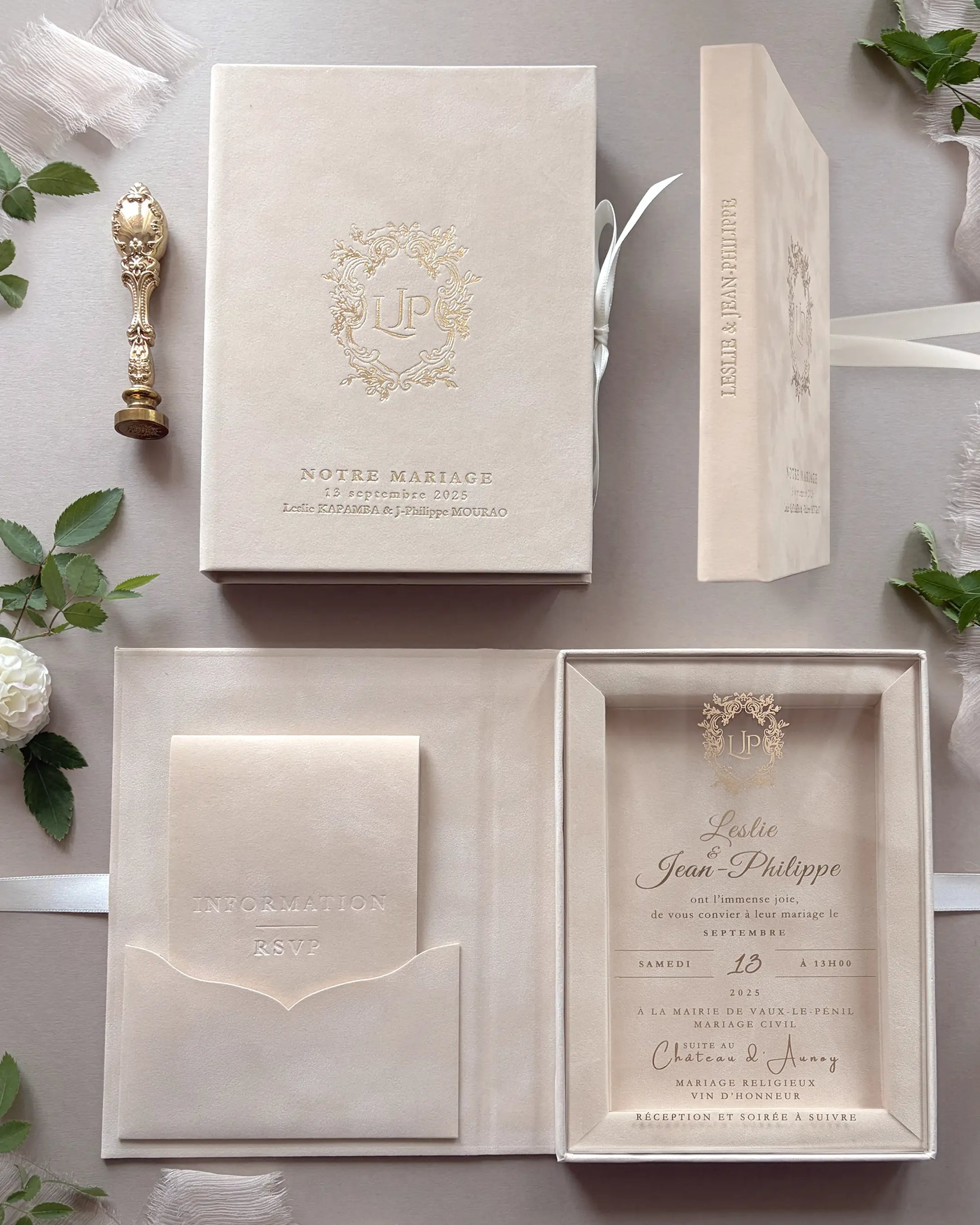 Vienna Blush Velvet Boxed Wedding Invitation suite with clear acrylic card, custom gold foil monogram on the cover, and matching paper inserts — Polina Perri