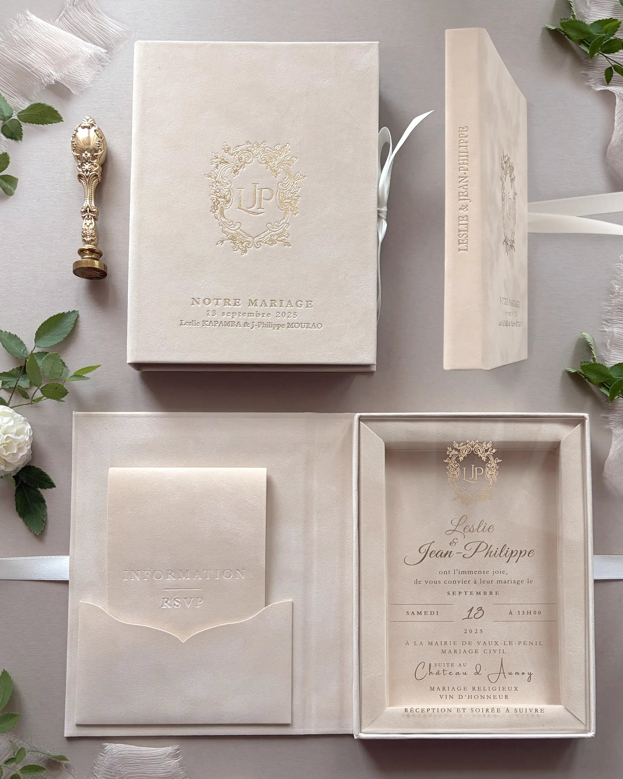 Vienna Blush Velvet Boxed Wedding Invitation suite with clear acrylic card, custom gold foil monogram on the cover, and matching paper inserts — Polina Perri
