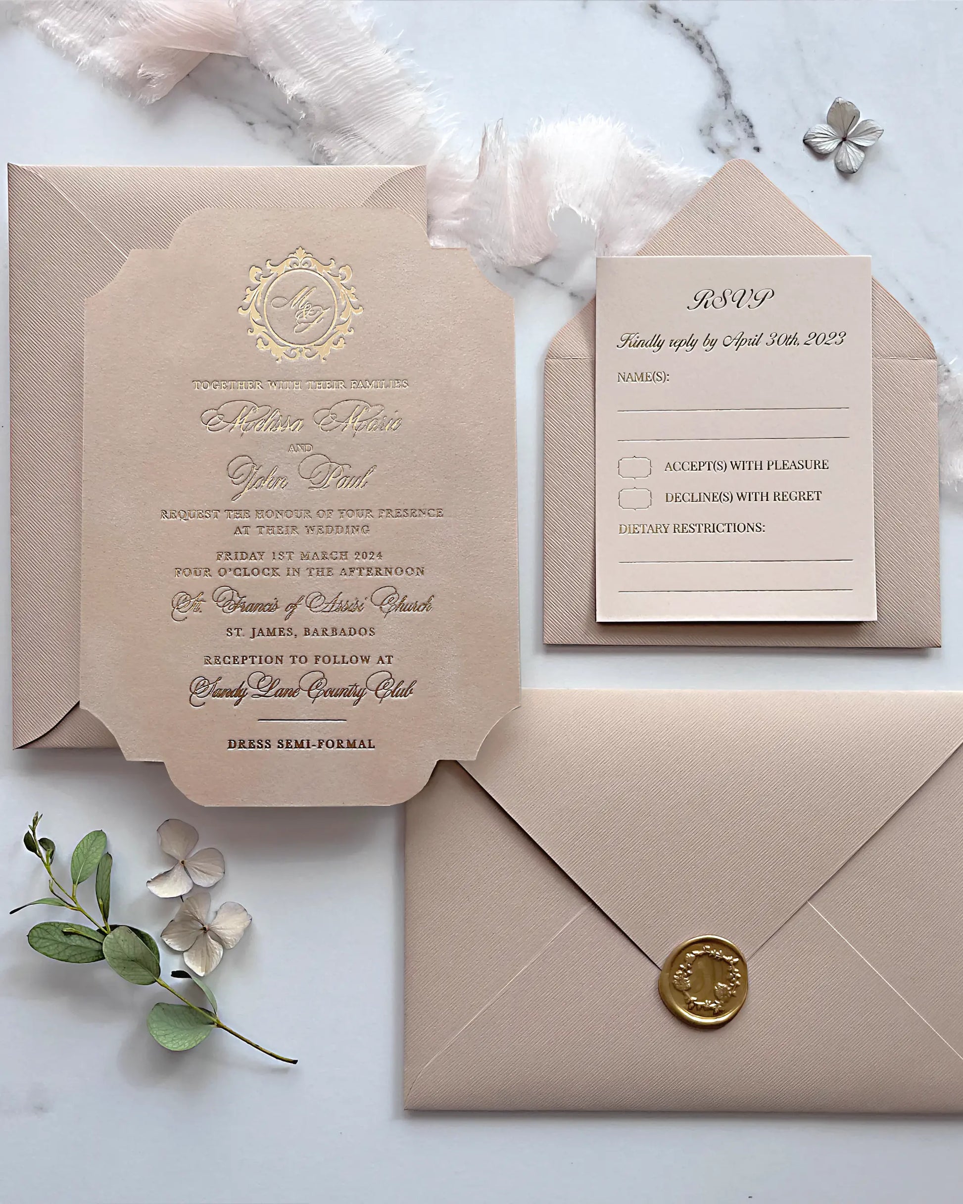 Vintage Velvet wedding invitation suite in blush pink featuring a die-cut curved edge card with gold foil monogram, ribbed envelope with a gold wax seal, and matching RSVP card — Polina Perri