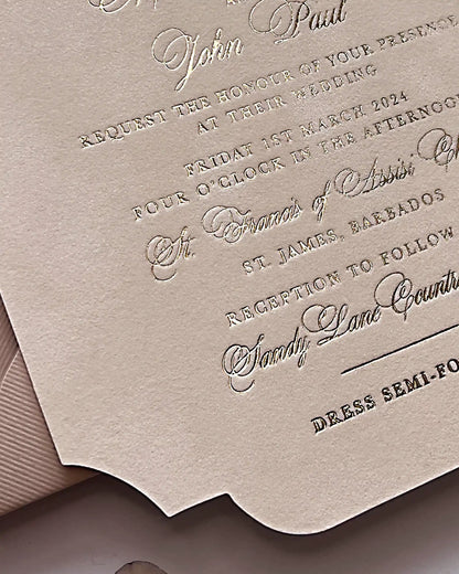 Forest green velvet wedding invitation card paired with an ivory paper RSVP card, elegantly bundled together with a fine gold thread bow — Polina Perri