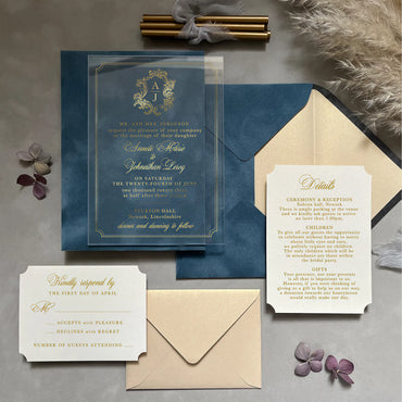 Victoria Vintage Acrylic wedding invitation suite with gold foil crest on Dusty Blue velvet envelope, RSVP and details cards — Polina Perri