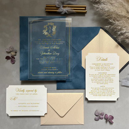 Victoria Vintage Acrylic wedding invitation suite with gold foil crest on Dusty Blue velvet envelope, RSVP and details cards — Polina Perri