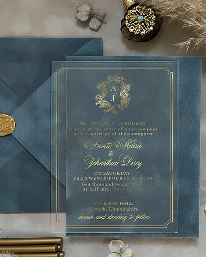 Victoria Vintage Acrylic wedding invitation with gold foil monogram crest and Dusty Blue velvet envelope with wax seal — Polina Perri