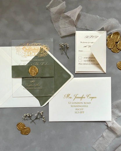 Venue Acrylic and Velvet Liner wedding invitation suite with gold foil Tyn Dwr Hall illustration, Sage Green velvet envelope and RSVP card — Polina Perri