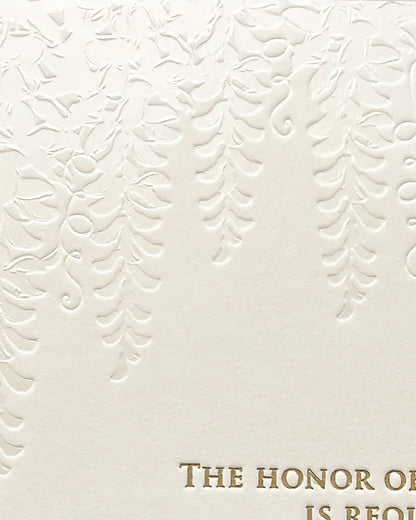 Embossed Wisteria Wedding Invitation Close-Up — Pearl Foil Texture on Cotton Card — Polina Perri