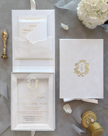 White Velvet Boxed Hampton Manor wedding invitations by Polina Perri, luxury clear acrylic invitation suite with gold foil monogram in white velvet presentation box on grey textile background