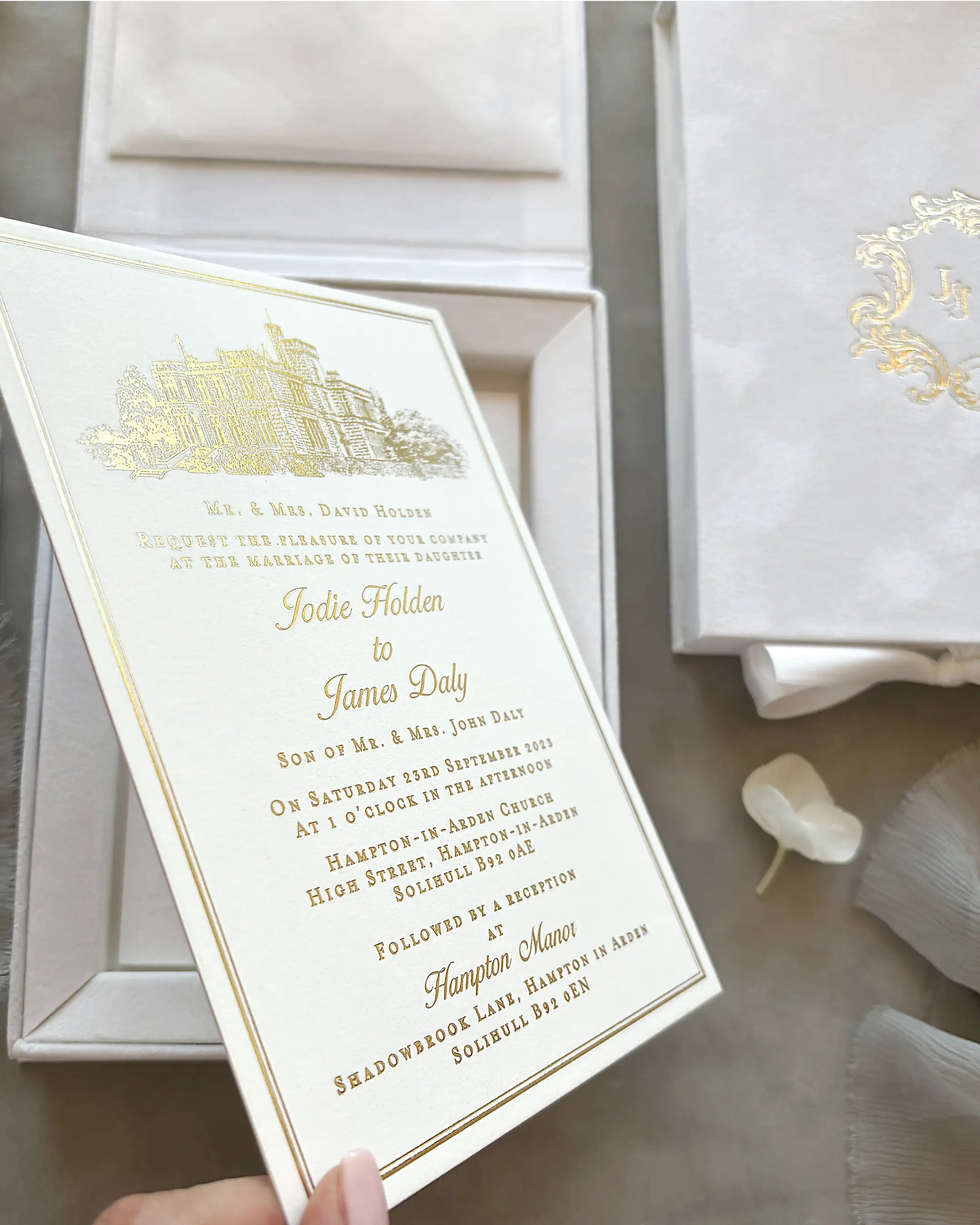White Velvet Boxed Hampton Manor wedding invitations by Polina Perri, luxury wedding stationery box with white velvet texture, info cards, and acrylic monogram plate