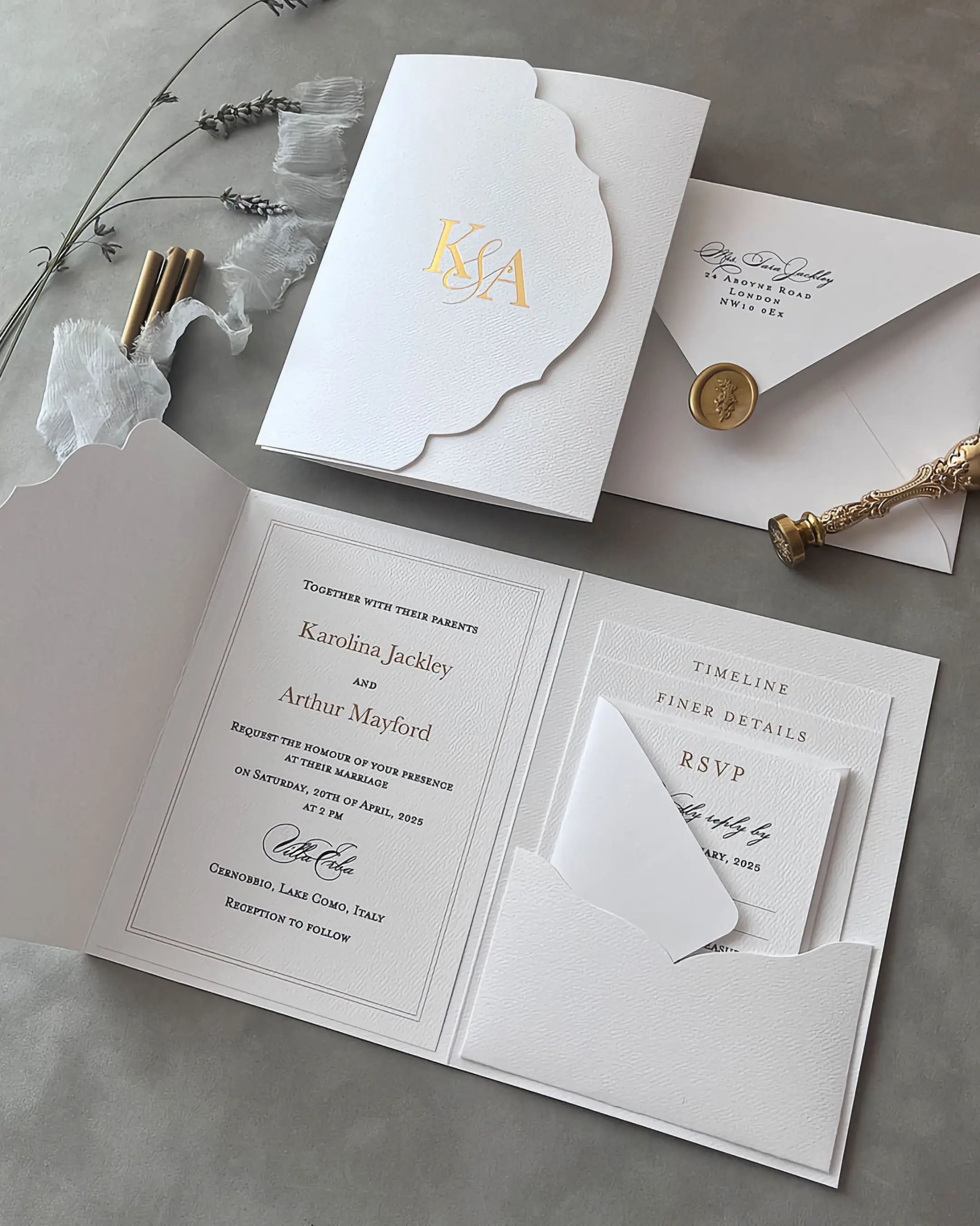 White Vertical Pocketfold open with gold foil monogram cover and insert cards — Polina Perri