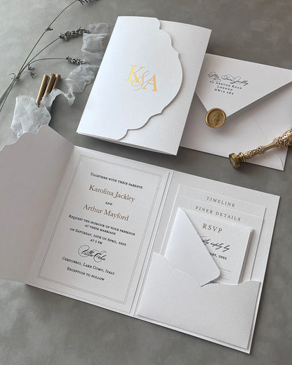 White Vertical Pocketfold open with gold foil monogram cover and insert cards — Polina Perri