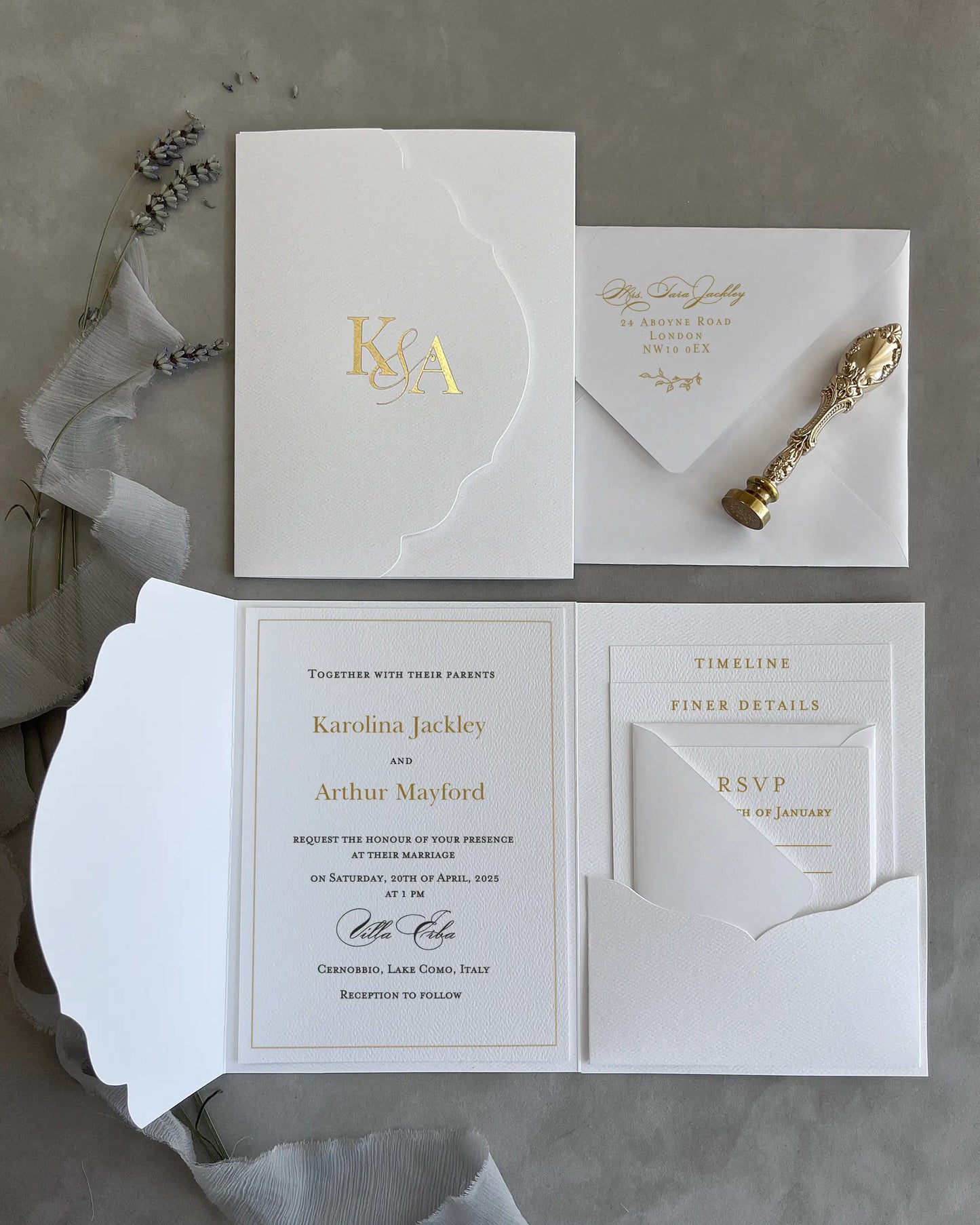White Vertical Pocketfold wedding invitation suite with gold foil monogram, envelope and insert cards — Polina Perri